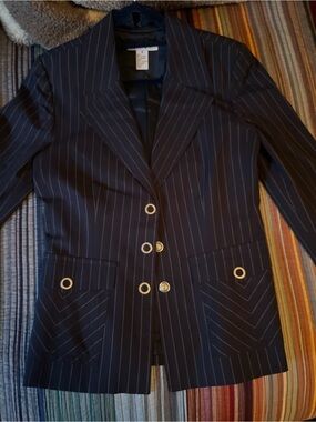 CAbi Navy Pinstripe Blazer with Gold-Tone Grommet Buttons